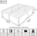 ROIL 14 Inch White Queen Bed Frame with Rounded Corner and Headboard Hole Mattress Retainers 3500LBS Heavy Duty Steel Slats No Box Spring Needed Platform Noise-Free Easy Assembly