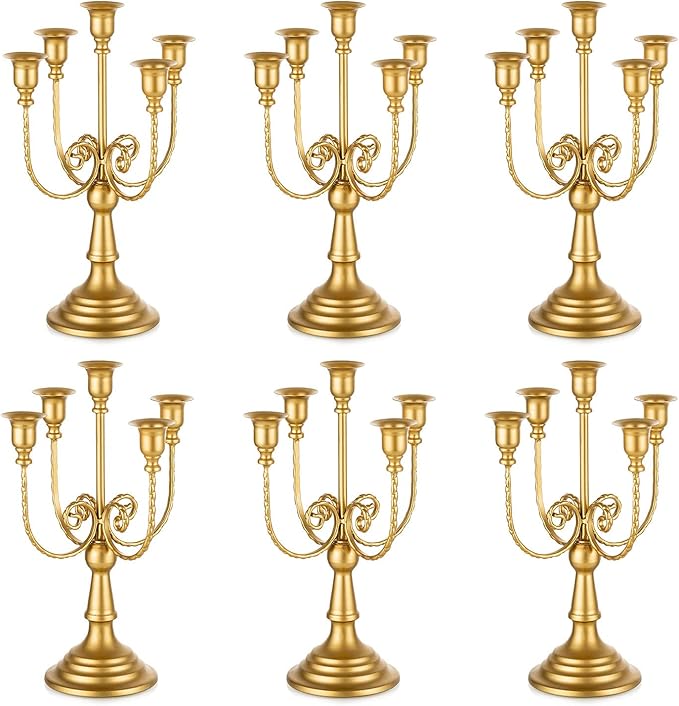 Romadedi Candelabra Gold Candle Holders - 5 Arm 11.8" Wedding Candlestick Holder for Theme Party Table Centerpiece Decor Dining Room Birthday Holiday Christmas, Set of 6