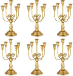Romadedi Candelabra Gold Candle Holders - 5 Arm 11.8" Wedding Candlestick Holder for Theme Party Table Centerpiece Decor Dining Room Birthday Holiday Christmas, Set of 6