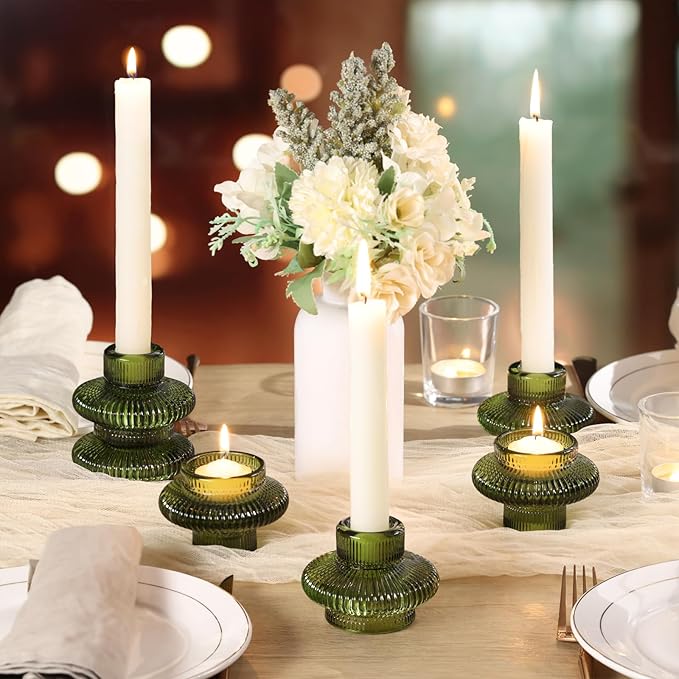 Green Taper Glass Candlestick Holders Tealight Candle Holders for Table Centerpieces, Wedding Decor and Dinner Party (8 Pcs, Green)