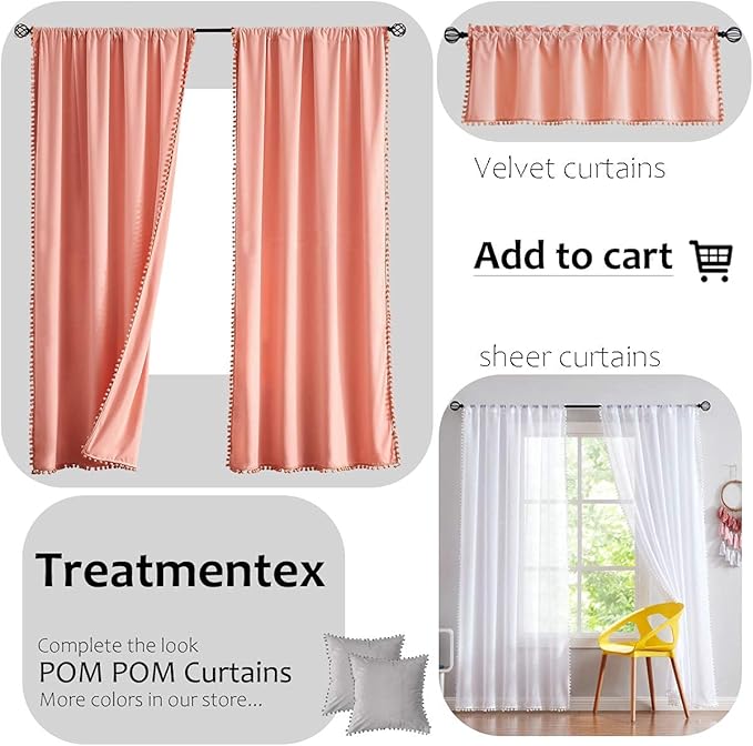 Treatmentex Pom Pom White Sheer Curtains for Living Room 63" Linen Texture Rod Pocket Window Sheers 52" w x 2 Panels, Rod Pocket Drapes