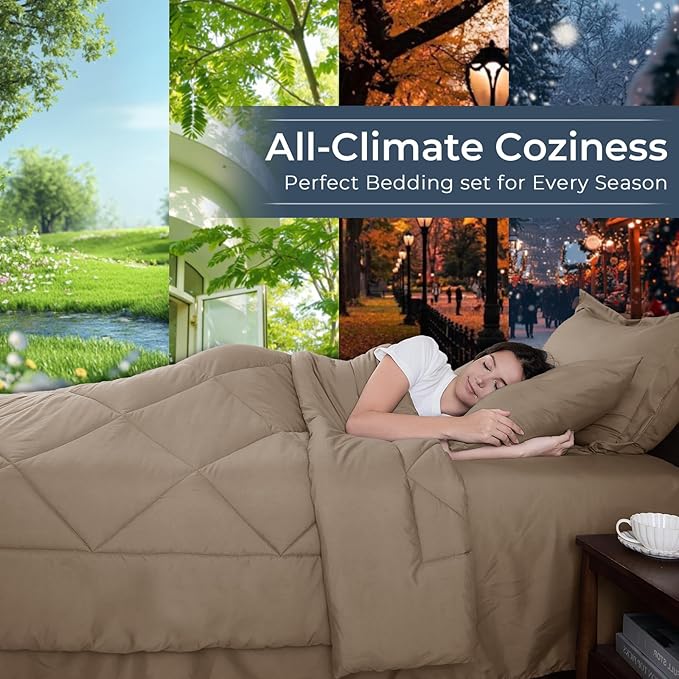 HEVUMYI Khaki Queen Comforter Set - 7-Piece All Season Bed in a Bag Queen, Ultra Soft Bedding Set with Comforter, Flat Sheet, Fitted Sheet, Pillowcases, Pillow Shams