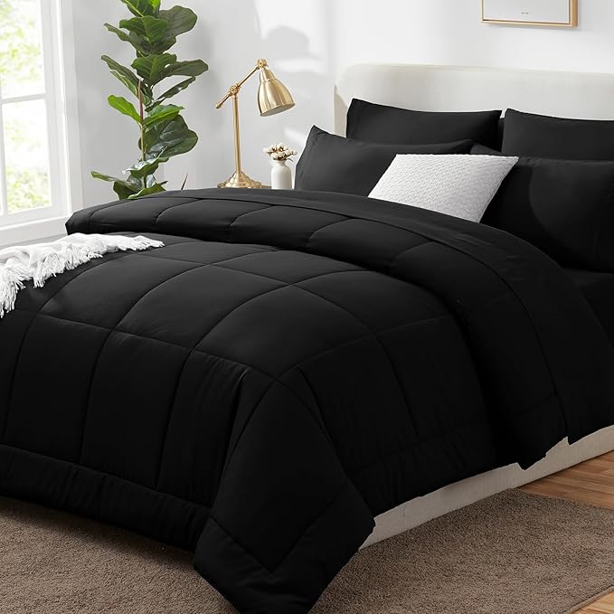 CozyLux Full Size Comforter Sets Black, 7 Pieces Bed in a Bag, Black Comforter Full Size, All Season Bedding Sets with Stitch Quilted Comforter, Flat Sheet, Fitted Sheet, Pillowcases