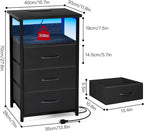 Fixwal Night Stand with Charging Station, LED Nightstand with U-S-B Ports and Outlets, 3 Fabric Storage Drawers with PU Finish, Bedside Table, Black
