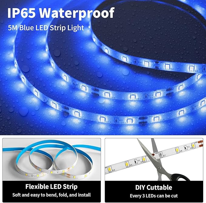 iNextStation Blue LED Strip Light, 16.4ft 5M 2835 SMD 300 LEDs 12V Flexible Cuttable LED Tape Light for Bedroom Kitchen Cabinet Wardrobe TV (Power Adapter Included)