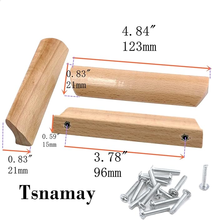 6Pcs 4.84" Wood Solid Furniture Pulls Handles, Painted Smoothly Wooden Handles Cupboard Closet Drawer Handle Pull,Hole Dis.3.78"
