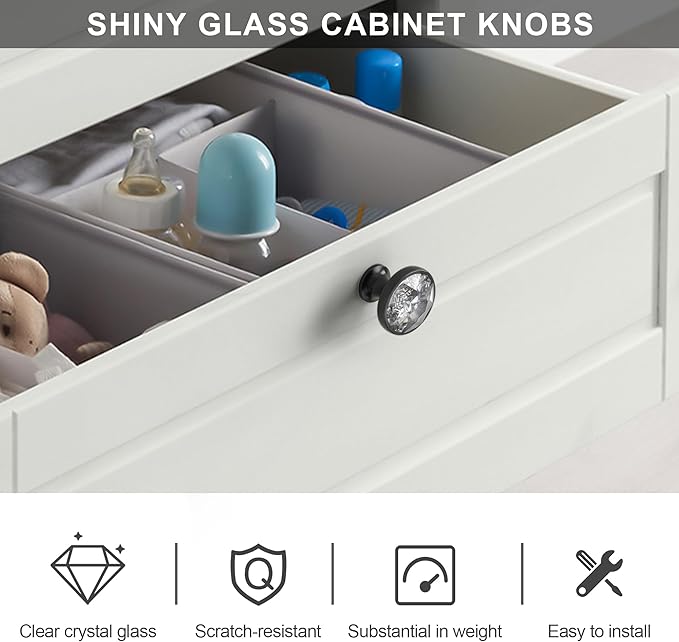 Alzassbg 10 Pack Clear Crystal with Matt Black Base Cabinet Knobs, 1-3/8 Inch (35mm) Diameter Cabinet Hardware Round Crystal Knobs for Drawers AL1011