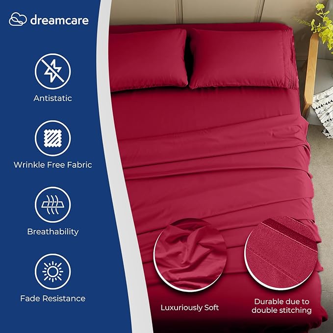 DREAMCARE King Size Sheets Set - Cooling Bed Sheets - 4pcs Set - up to 15" Deep Pocket King Sheet Set – Soft & Long Lasting Cooling - 100% Fine Brushed Polyester with Side Pocket - Burgundy