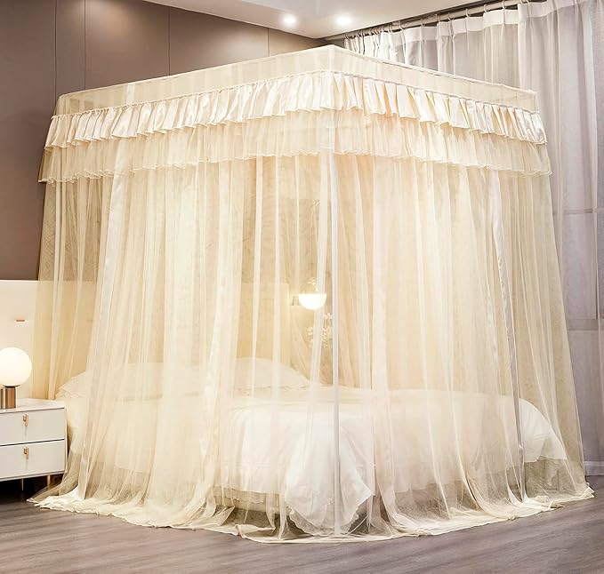 Mengersi Canopy Bed Curtains Full Sizes,Bed Canopy for Girls Royal Luxurious Cozy Bed Drapes Girls Room Decor(Ivory,Full)