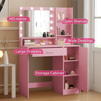 Vanity Desk with Mirror and Light, Large Drawer and Three Level Storage Dresser, 3 Lighting Modes Adjustable Brightness, Bedroom Dressing Table (Pink)