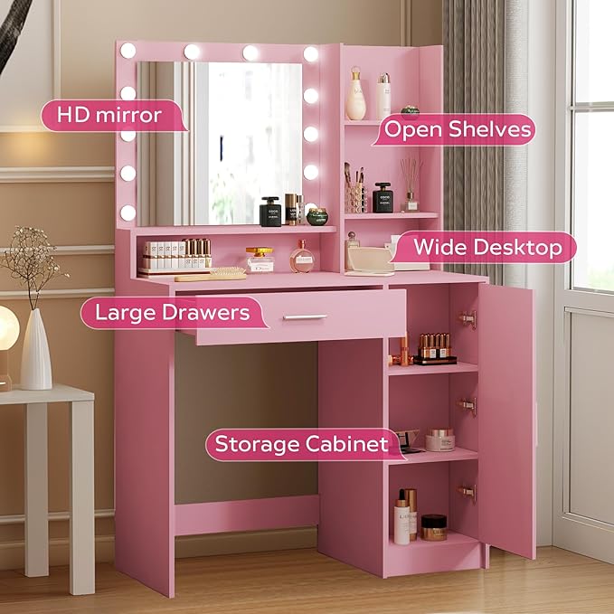 Vanity Desk with Mirror and Light, Large Drawer and Three Level Storage Dresser, 3 Lighting Modes Adjustable Brightness, Bedroom Dressing Table (Pink)