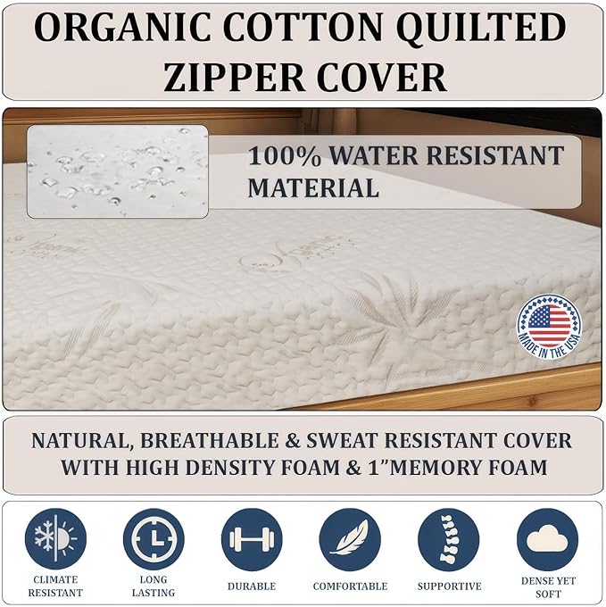 Foamma 8” x 42” x 80” Camper/RV Travel Gel Memory Foam Foam Bunk Mattress, Organic Cotton Cover, Made in USA, Comfortable, Travel Trailer, CertiPUR-US Certified