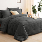 CozyLux King Size Comforter Set Dark Grey Seersucker 7 Pieces Bed in a Bag King Comforter Set with Sheets, Luxury Bedding Set with Down Alternative Comforter, Sheets, Pillowcases & Shams All Seasons