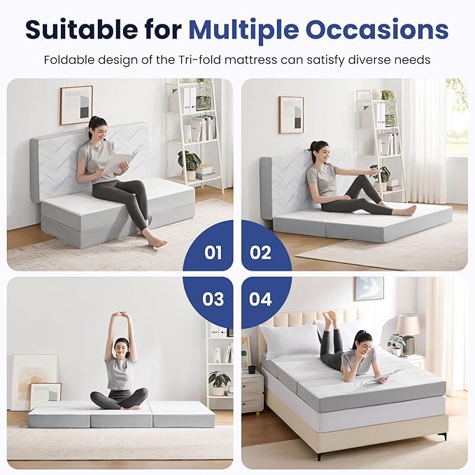 Foldable Mattress Queen 6 inch -Portable White Memory Foam Folding Matress with Washable Cover for Camping Travel Guest Room Home Use-Non-Slip&Easy Storage