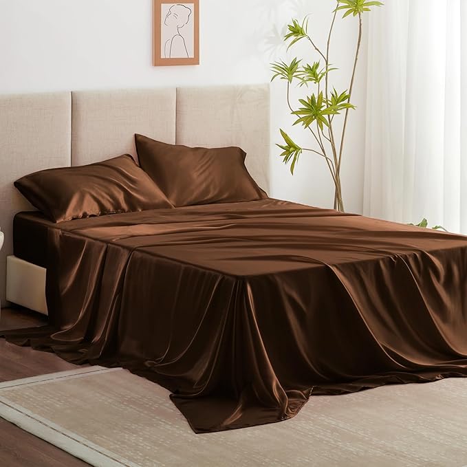 Love's cabin 4Piece California King Satin Bed Linen Set, Brown Silky Satin Sheets, Deep Pocket, Luxury Silk Feel, 1 Flat, 1 Fitted Sheet, 2 Pillow Cases