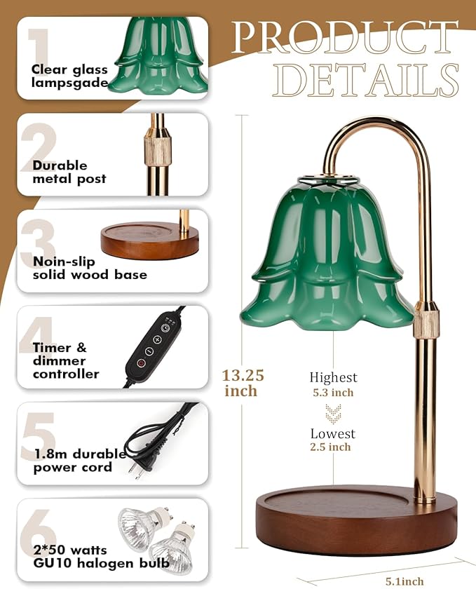 Green Candle Warmer Lamp with Timer & Dimmer, Adjustable Height Birthday Gifts for Women Mom, Flower Candle Lamp Warmer, Wax Warmer with 2 Bulbs, House Warming New House Decorations