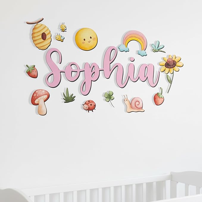 Custom Nursery Name Sign with Themed Decor Kit | Personalized Wooden Wall Art for Baby, Kids Room | Space, Jungle, Circus, Under the Sea, Woodland, Rainbow (40", Rainbow/Nature)