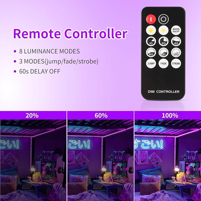 80ft Black Lights Strip with Remote, 1440 LEDs, 12V Flexible Blackights for Glow Party, Adjust Brightness, Delay Off, 3 Light Modes, Indoor Fluorescent Party, Stage Lighting