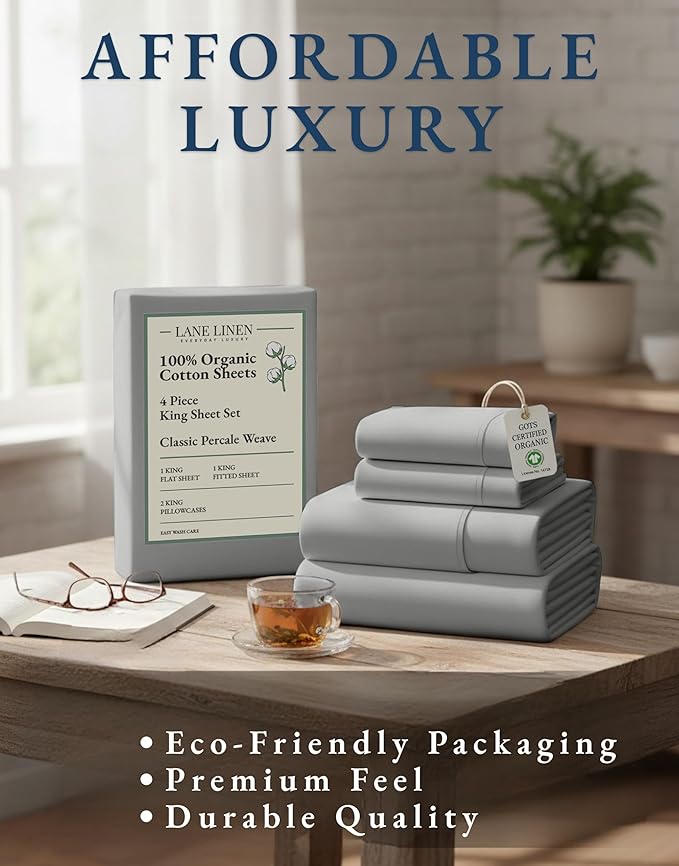 LANE LINEN 100% Organic Cotton King Sheet Set, 4Pc Cotton Sheets King Size, Soft & Comfy Percale Eco Friendly Sustainably Produced Bedding Sheets & Pillowcases, 15" Deep Pocket King Sheet Set - Silver
