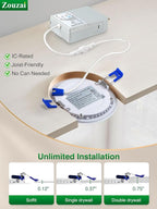 zouzai 12 Pack 6 Inch Ultra-Thin LED Recessed Ceiling Light with Junction Box, 5000K Daylight, 12W Eqv 110W, Dimmable Canless Wafer Downlight, 1080LM High Brightness, ETL and Energy Star Certified