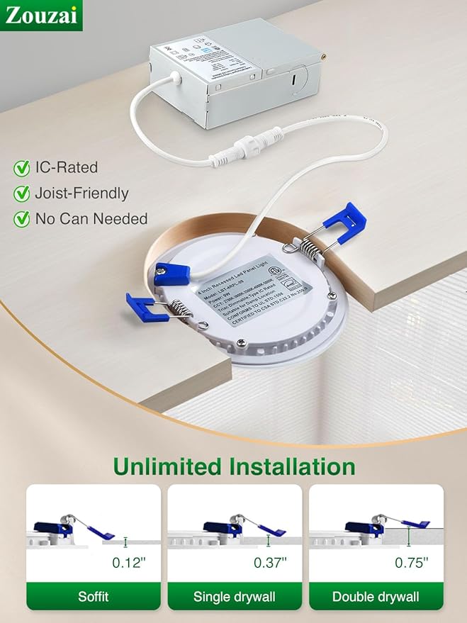 zouzai 12 Pack 4 Inch 6000K Ultra-Thin LED Recessed Light with Junction Box, 9W 810lm Dimmable,Ra>85 High Brightness - ETL an Energy Star Certified