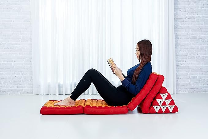 Leewadee Comfortable Japanese Floor Mattress - Thai Floor Bed with Triangle Cushion - Futon Mattress - XL Extra Long Thai Massage Mat, 89 x 20 inches, Orange Red, Kapok Filling