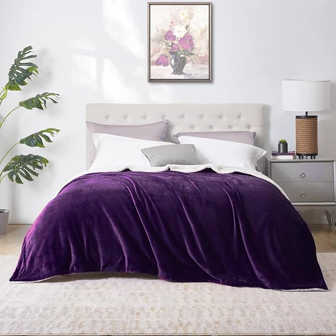 Walensee Sherpa Fleece Blanket (Throw Size 50”x60” Purple) Plush Throw Fuzzy Super Soft Reversible Microfiber Flannel Blankets for Couch, Bed, Sofa Ultra Luxurious Warm and Cozy for All Seasons