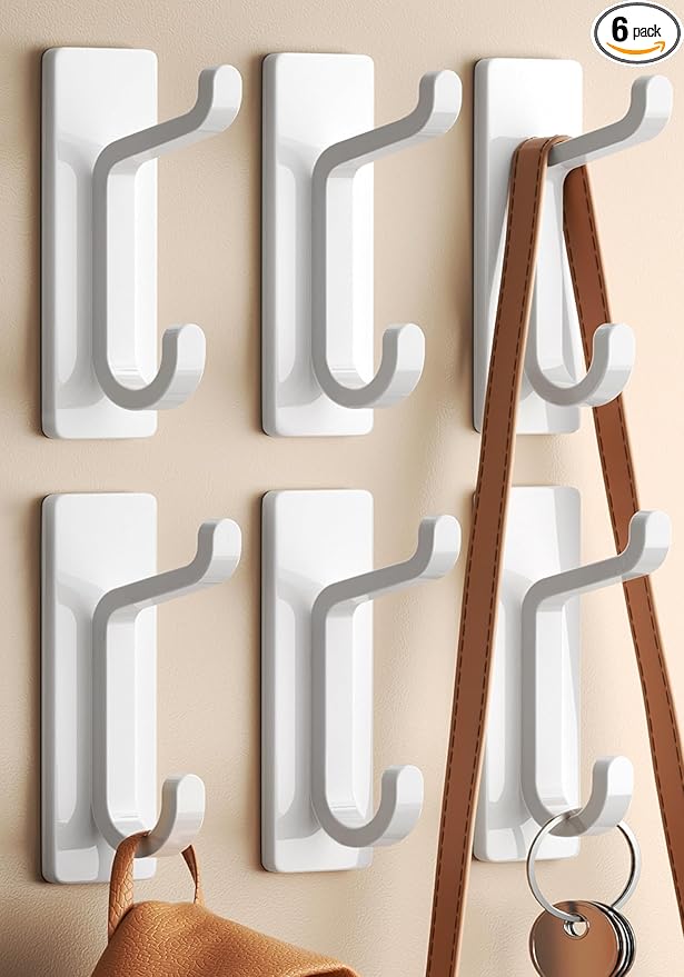 pickpiff Wall Hooks for Coat and Towel: 13LB Adhesive Door Hanger Stick on, White 6 Pack
