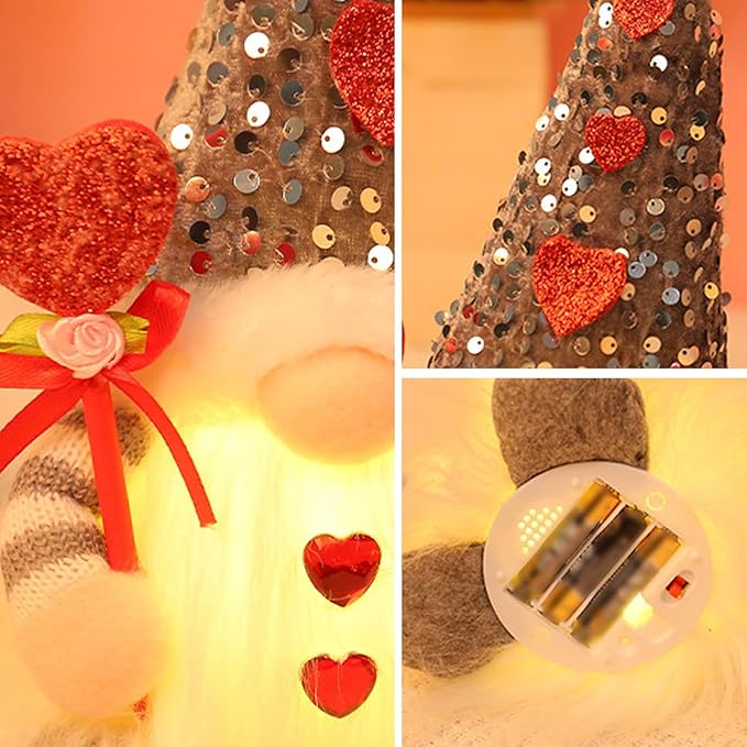 Light Up Gnome Valentine's Day Decorations Indoor Home Decor 11" Lighted Valentines Gnomes Decor Plush Scandinavian Tomte Elf Holiday Gnomes Ornaments Valentines Day Gifts for Her (3 Pcs)