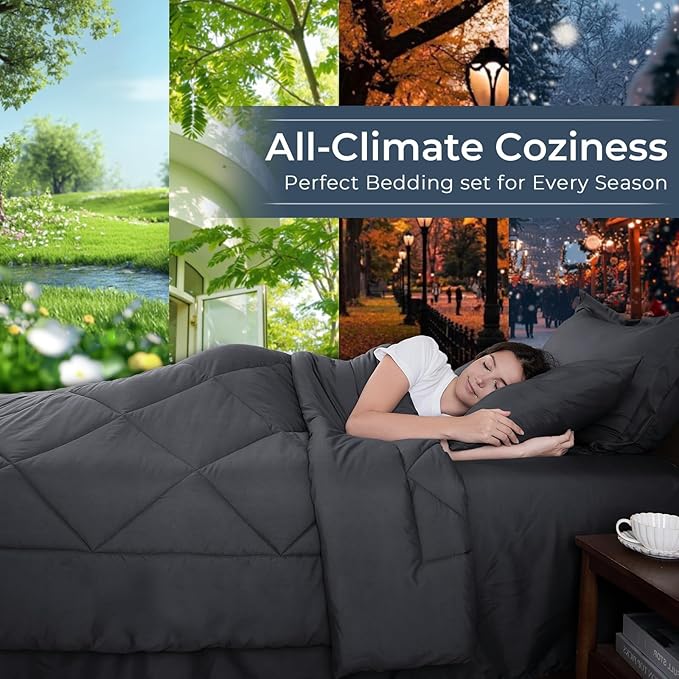 HEVUMYI King Comforter Set - 7-Piece All Season Bed in a Bag King, Ultra Soft Bedding Set with Comforter, Flat Sheet, Fitted Sheet, Pillowcases, Pillow Shams, Dark Grey
