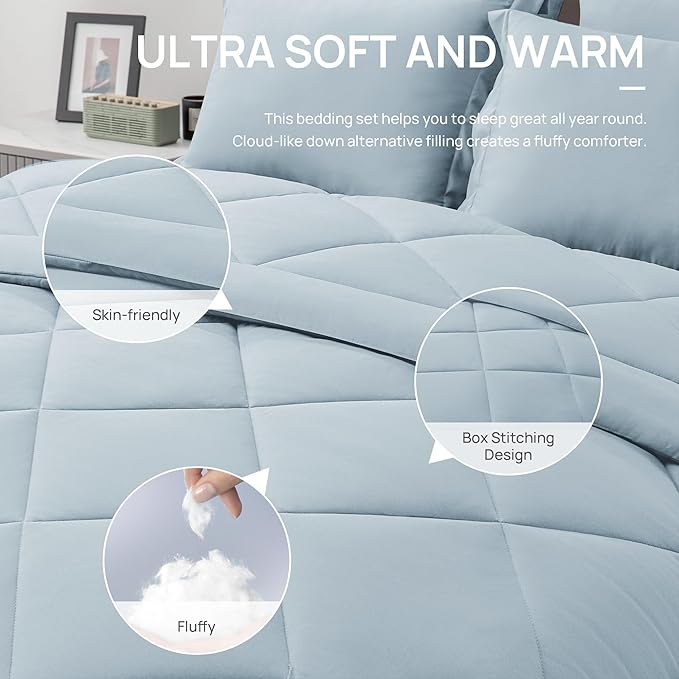 Love's cabin Twin XL Comforter Set Light Blue, 5 Pieces Twin XL Bed in a Bag, All Season Bedding Sets with 1 Comforter, 1 Flat Sheet, 1 Fitted Sheet, 1 Pillowcase and 1 Pillow Sham