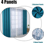 BONZER Mix and Match Curtains - 2 Pieces Branch Print Sheer Curtains and 2 Pieces Blackout Curtains for Bedroom Living Room Grommet Window Drapes, 54x84 Inch/Panel, Teal, Set of 4 Panels