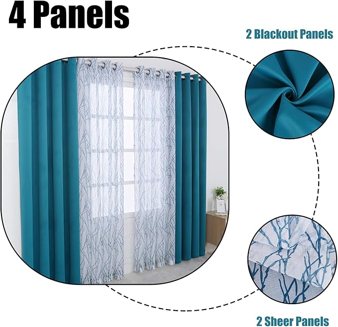 BONZER Mix and Match Curtains - 2 Pieces Branch Print Sheer Curtains and 2 Pieces Blackout Curtains for Bedroom Living Room Grommet Window Drapes, 54x108 Inch/Panel, Teal, Set of 4 Panels