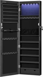 SONGMICS 6 LEDs Mirror Jewelry Cabinet, 47.2-Inch Tall Lockable Wall or Door Mounted Jewelry Armoire Organizer with Mirror, 2 Drawers, Christmas Gift, 3.9 x 14.6 x 47.2 Inches, Black