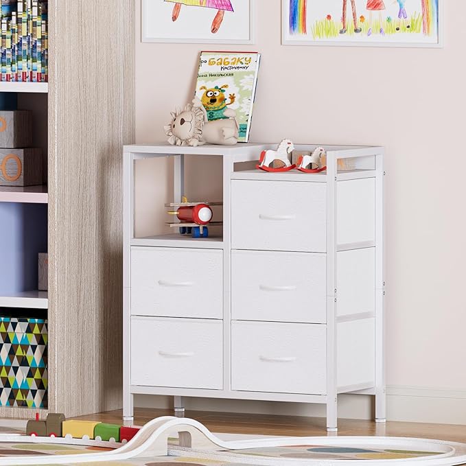 Furnulem 5 Drawer White Dressers for Bedroom 2 Tier Shelf Storage Small Fabric Dresser for Closet Sturdy Metal Frame Modern Style Storage Cabinets Organization Units for Hallway Rooms