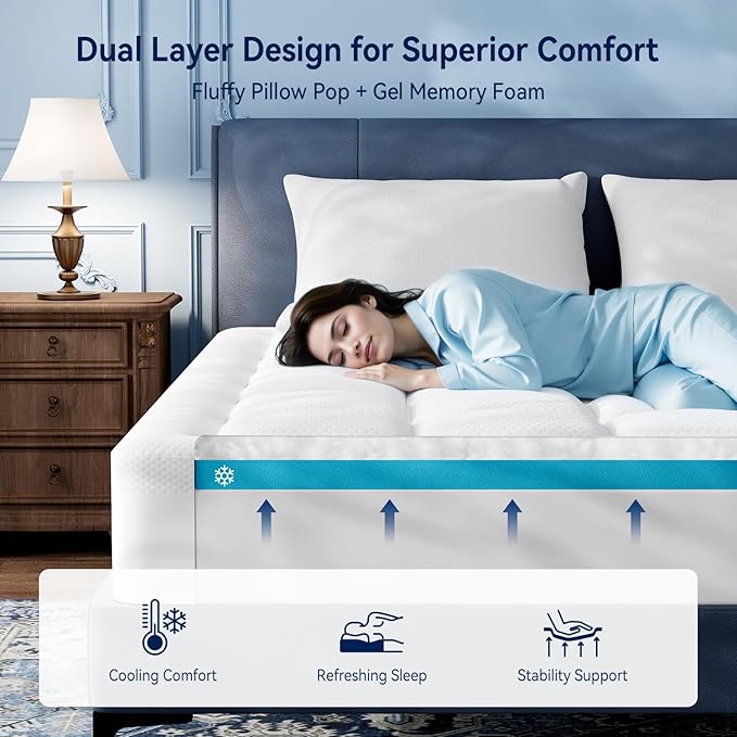 ELEMUSE RV King Dual Layer 3 Inch Memory Foam Mattress Topper, 2 Inch Cooling Gel Memory Foam Bed Pad and 1 Inch Soft Pillow Top Mattress Pad for Back Pain Relief & Hot Sleepers