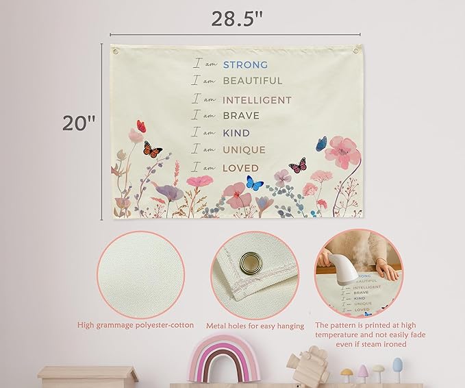 Positive Boho Girls Room Rectangular Banner Flag Wall Sign Decor Gift for Nursery Above Crib Bedroom Playroom Reading Room Essential Wall Decor-Baby Shower Christmas Gift-I Am Strong I Am Beautiful