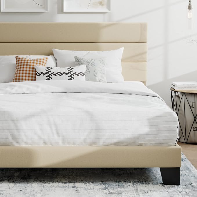 SHA CERLIN King Platform Bed Frame with Upholstered Fabric Headboard, Mattress Foundation with Strong Wooden Slats Support, No Box Spring Needed, Beige