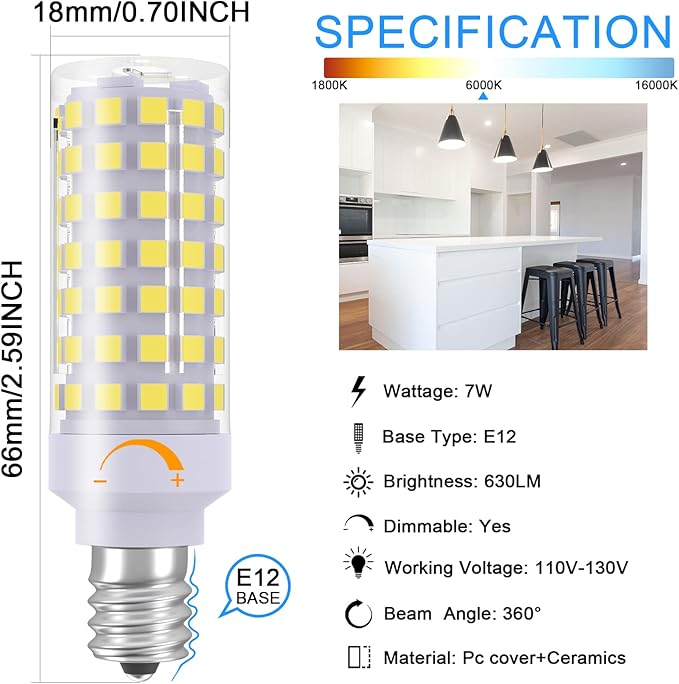 E12 LED Candelabra Bulbs Dimmable, 7W C7 Bulb Equivalent to E12 Halogen Bulb 60W, Daylight White 6000K, T6 E12 Candelabra Base, AC120V E12 Light Bulbs for Ceiling Fan, Chandelier Lighting, 6 Pack