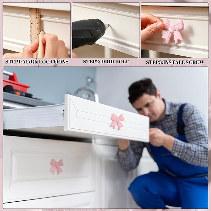12 Pcs Bow Knobs for Dresser Matel Bow Drawer Knobs Vintage Dresser Handles Cabinet Drawer Pulls for Home Bedroom Kitchen Cabinets Hardware Cupboard (Pink,Fashion Style)