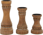 Deco 79 Wood Beaded Pillar Candle Holder, Set of 3 12", 9", 7"H, Brown