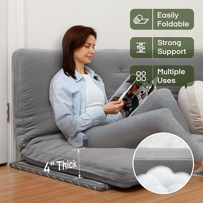 ZonLi Japanese Floor Futon Mattress Queen Size 80"x 60", 100% Cotton Cover 4'' Thicken Tatami Mattress, Foldable Sleeping Pad, Portable Dormitory Tatami Mat, Roll Up Floor Lounger Bed for Adult (Grey)