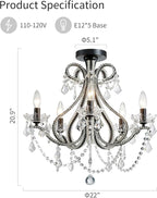 WUZUPS 5-Light Crystal Candle Chandelier Flushmount Ceiling Light Modern Lighting Fixture for Bedroom Hallway Bar Kitchen Bathroom, H 20.9" W 22", E12 Base, Black