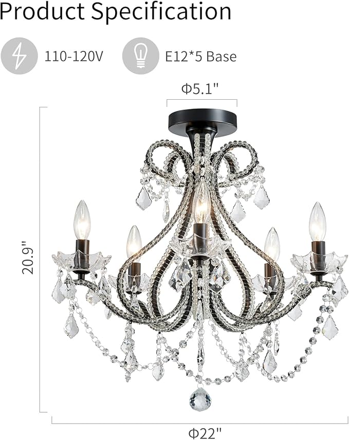 WUZUPS 5-Light Crystal Candle Chandelier Flushmount Ceiling Light Modern Lighting Fixture for Bedroom Hallway Bar Kitchen Bathroom, H 20.9" W 22", E12 Base, Black