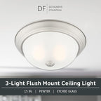 DESIGNERS FOUNTAIN Reedley 3-Lights Flush Mount Ceiling Light, 15 Inch Lighting Fixture for Kitchen, Bedroom, Bathroom, and Hallway, Pewter with Etched Glass, 1257L-PW-W