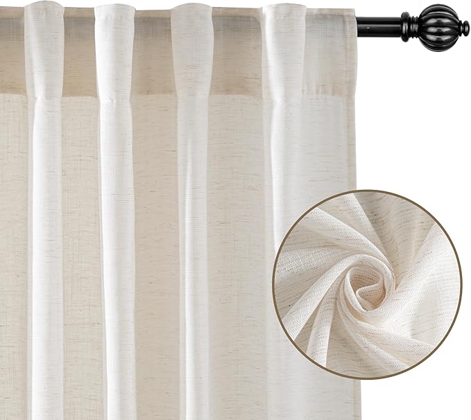 RYB HOME Ivory Sheer Curtains for Living Room, Linen Blend Filter Sunlight Glare Vertical Luxury for Bedroom Dining Office Window, Rod Pocket & Back Tab, W52 x L90, 2 Panels
