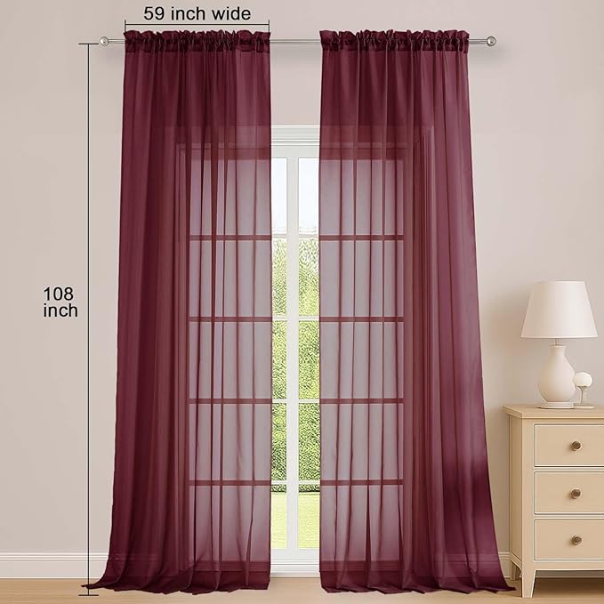 OWENIE Burgundy Sheer Curtains 108 Inches Long for Living Room Bedroom 2 Panels Set, Lightweight Airy Burgundy Sheer Curtain, Filmy Rod Pocket, 2 PCS, Each 59" W x 108" L