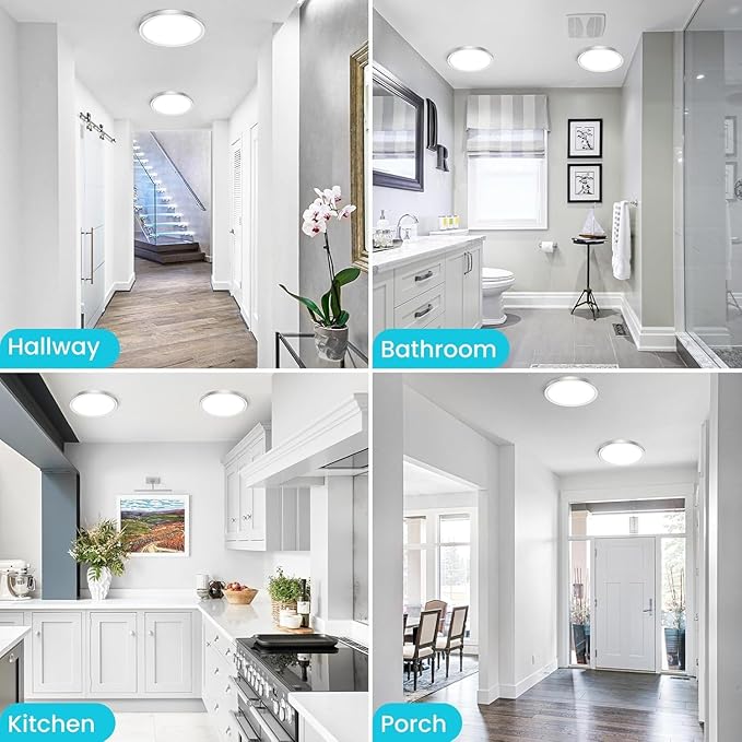 zemty 2Pack LED Ceiling Light Fixture, 6.5-Inch 12W 1200lm Small Flush Mount Light, Adjustable 3000K 4000K 6500K Color Temperatures, Round Flat Recessed Lamp for Kitchen Closet Hallway Laundry, Nickel