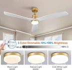 BOJUE 60 Inch Wood Ceiling Fans with Lights and Remote, White Gold Outdoor Ceiling Fan with Light, Dimmable 3 Blades Outdoor Fans for Patios Noiseless Modern Ceiling Fans for Bedroom Living Room