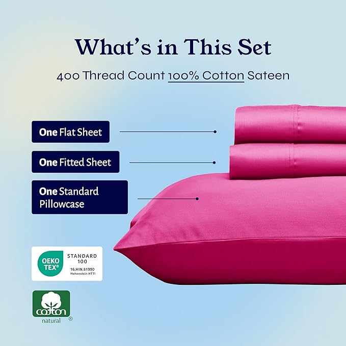 California Design Den Twin Sheet Set - 400 Thread Count Sateen, Natural 100% Cotton Cooling Sheets, Deep Pockets with All Around Elastic, Soft, Cool and Durable Bedding - Hot Pink